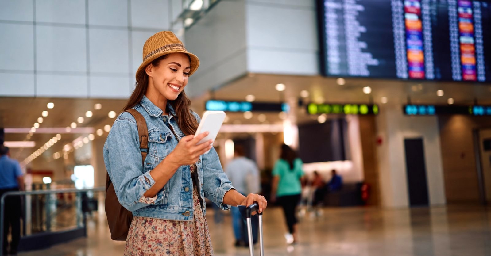 Traveler checking her phone at the airport with a Fizen travel eSIM